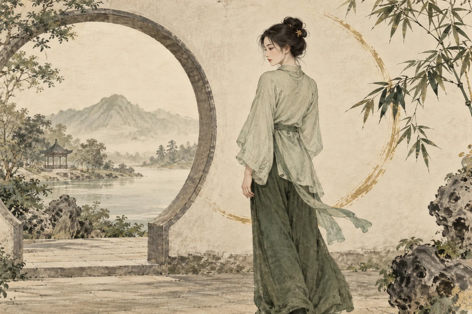 中式插画：女子自然转身，表现日常腰腹活动